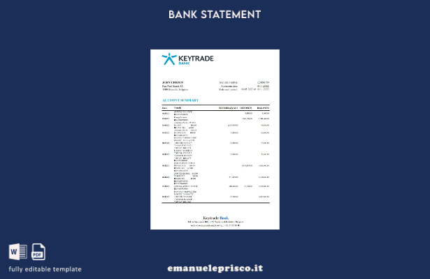 stile verificato Modello Excel di estratto conto bancario Belgio Keytrade
